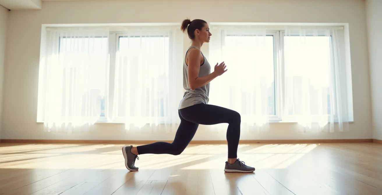 Vue latérale d'une jambe en position de fente montrant l'alignement correct du genou au-dessus de la cheville