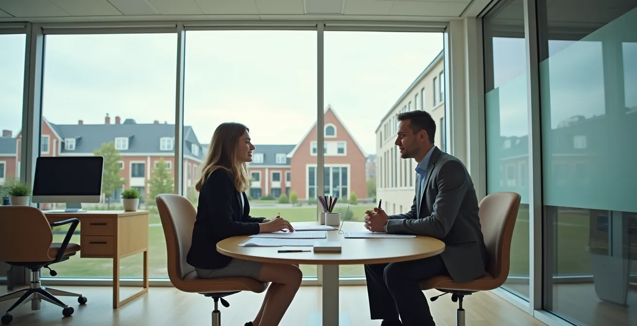 Conseiller API en discussion avec un étudiant dans un bureau accueillant de cégep