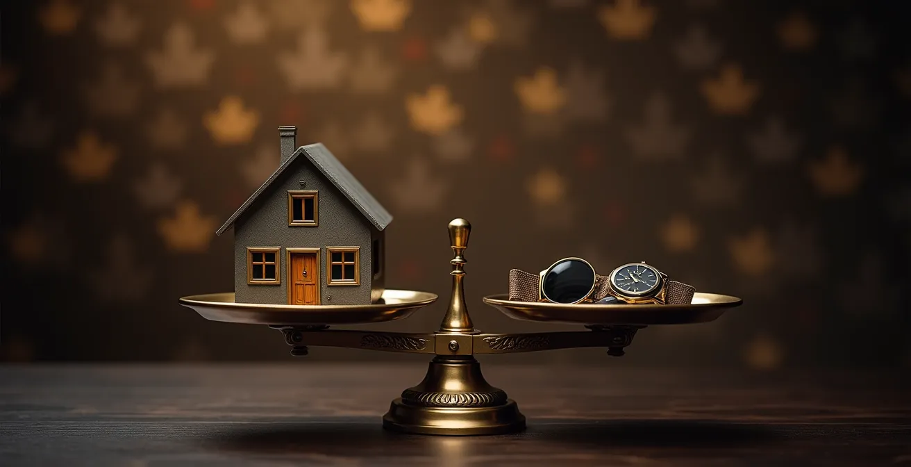 Balance symbolique illustrant l'équilibre nécessaire entre les dépenses courantes et l'épargne pour un projet immobilier.