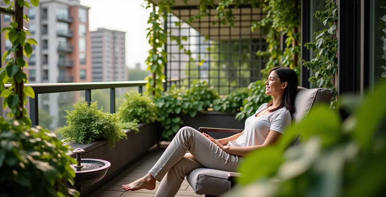 Balcon de condo aménagé avec plantes grimpantes et fontaine pour isolation acoustique naturelle