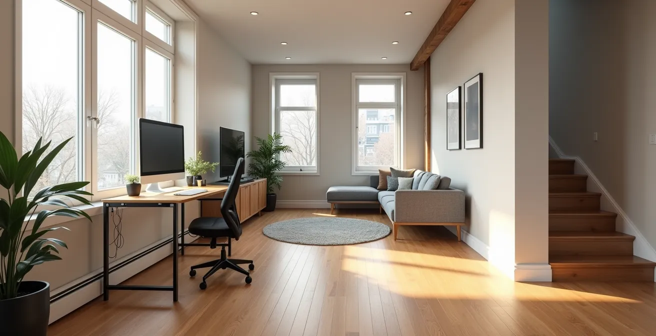 Bureau moderne aménagé dans un salon double montréalais avec séparation visuelle et mobilier multifonctionnel