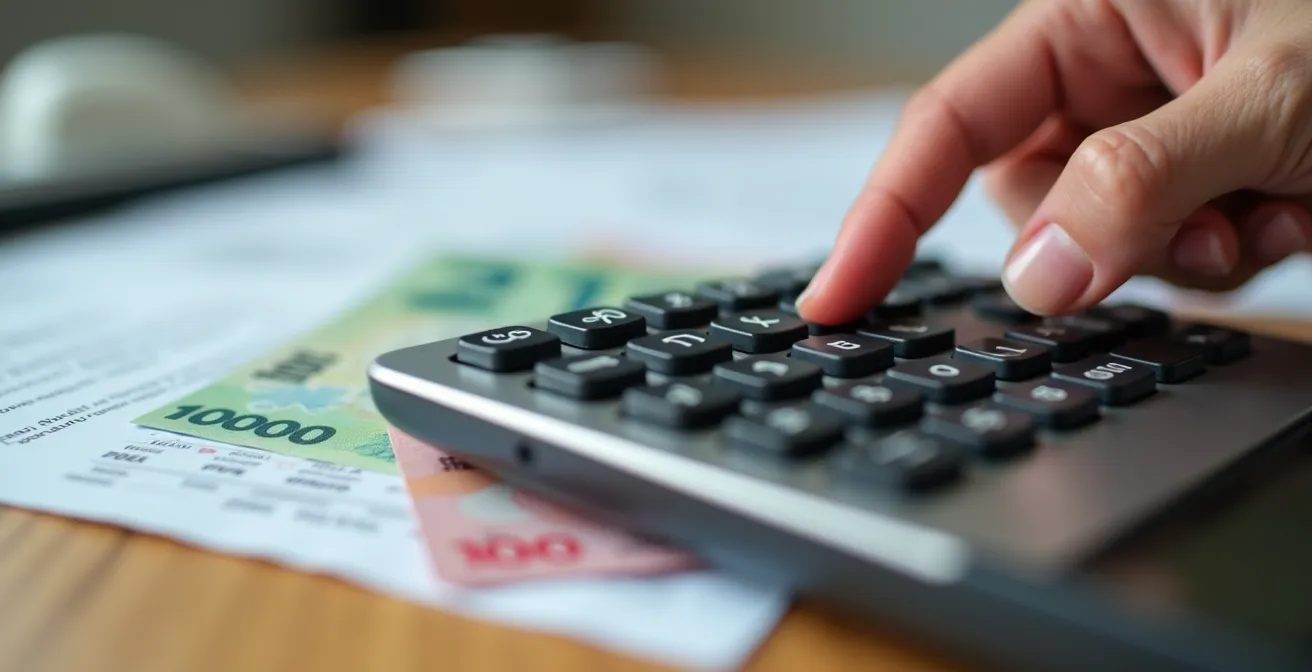Calculatrice moderne sur bureau québécois avec documents hypothécaires floutés en arrière-plan