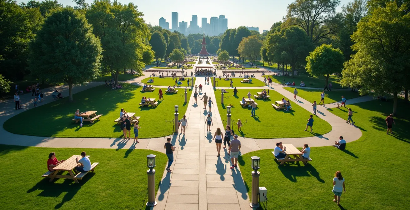 Vue aérienne d'un parc urbain québécois avec familles profitant d'activités extérieures gratuites