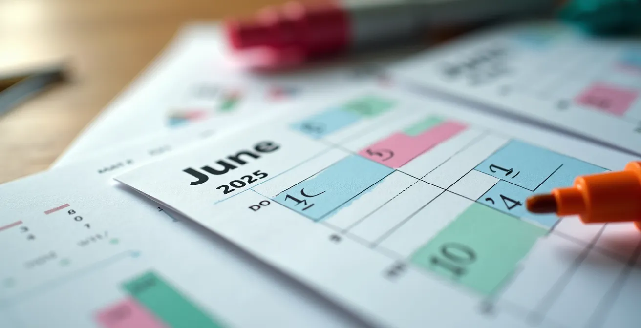 Vue macro d'un calendrier avec marqueurs colorés indiquant les étapes de francisation