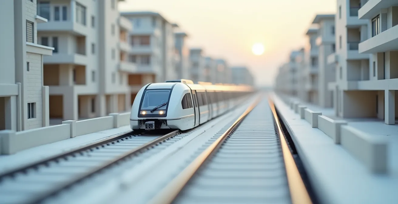 Vue aérienne du tracé du REM avec développements immobiliers modernes le long des stations