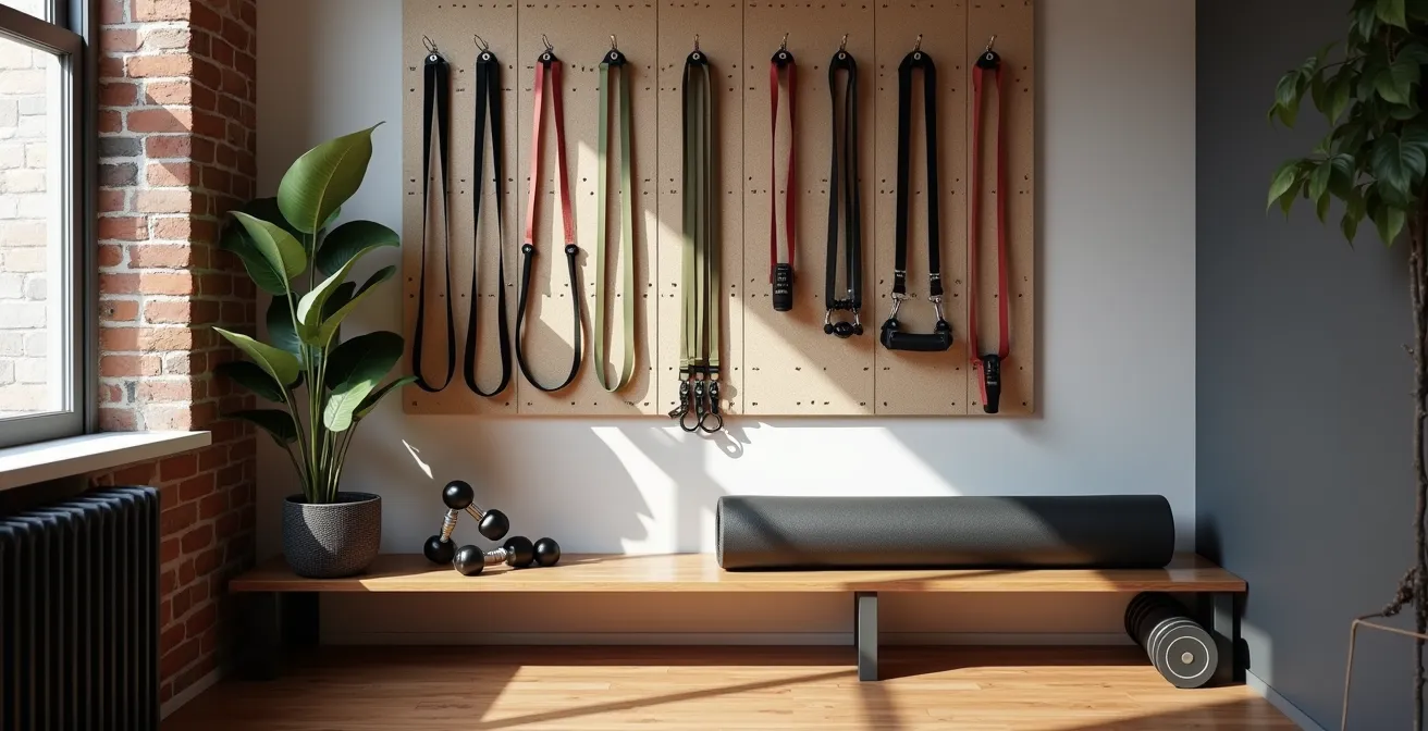 Coin gym compact dans un petit appartement montréalais avec équipement mural