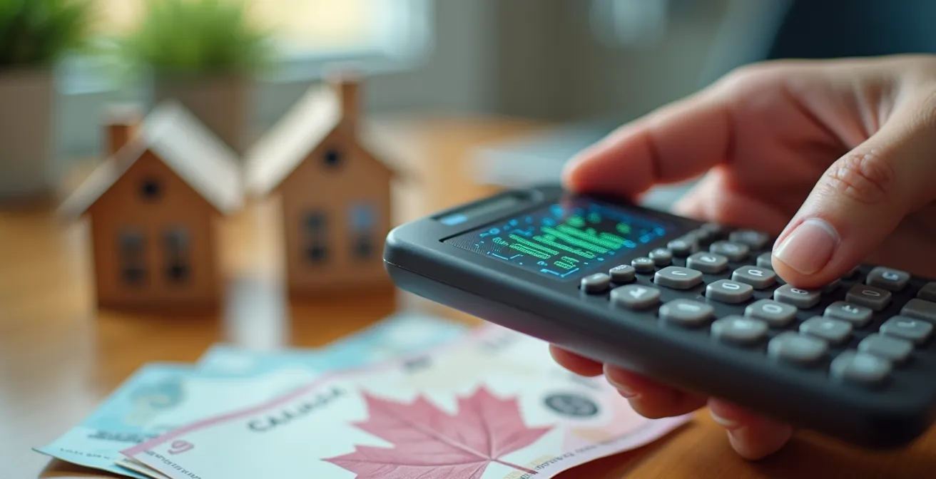 Professionnel analysant des documents financiers avec calculatrice et modèle de maison en arrière-plan