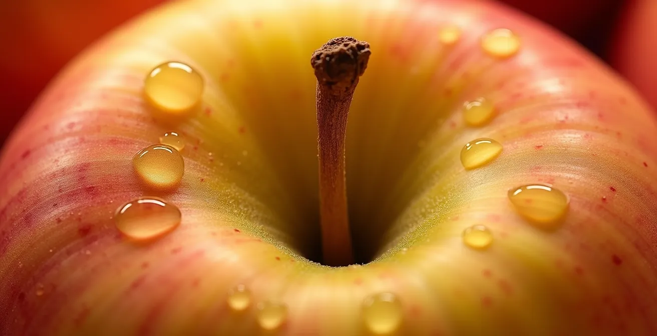 Vue macro d'une pomme du Québec montrant la texture de sa peau riche en nutriments