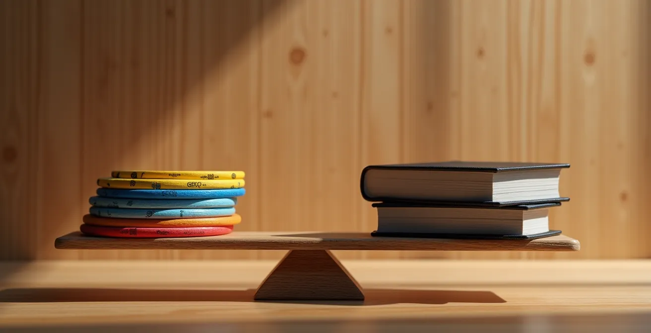 Comparaison visuelle entre des badges de micro-certifications et un diplôme de Cégep sur un bureau québécois.