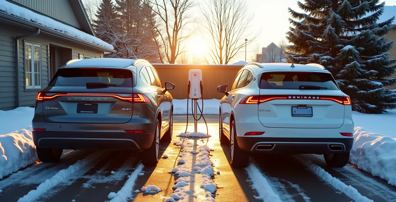 Comparaison visuelle entre véhicule électrique en charge et véhicule traditionnel