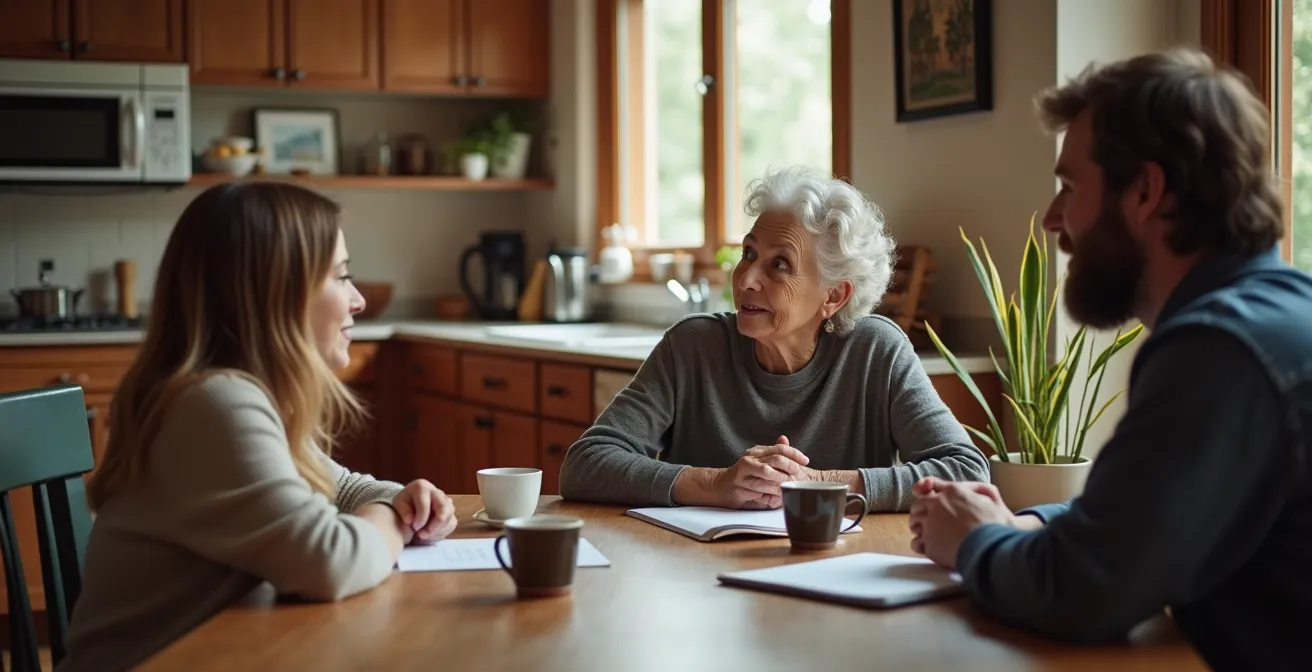 Trois générations d'une famille québécoise réunies autour d'une table pour une discussion constructive