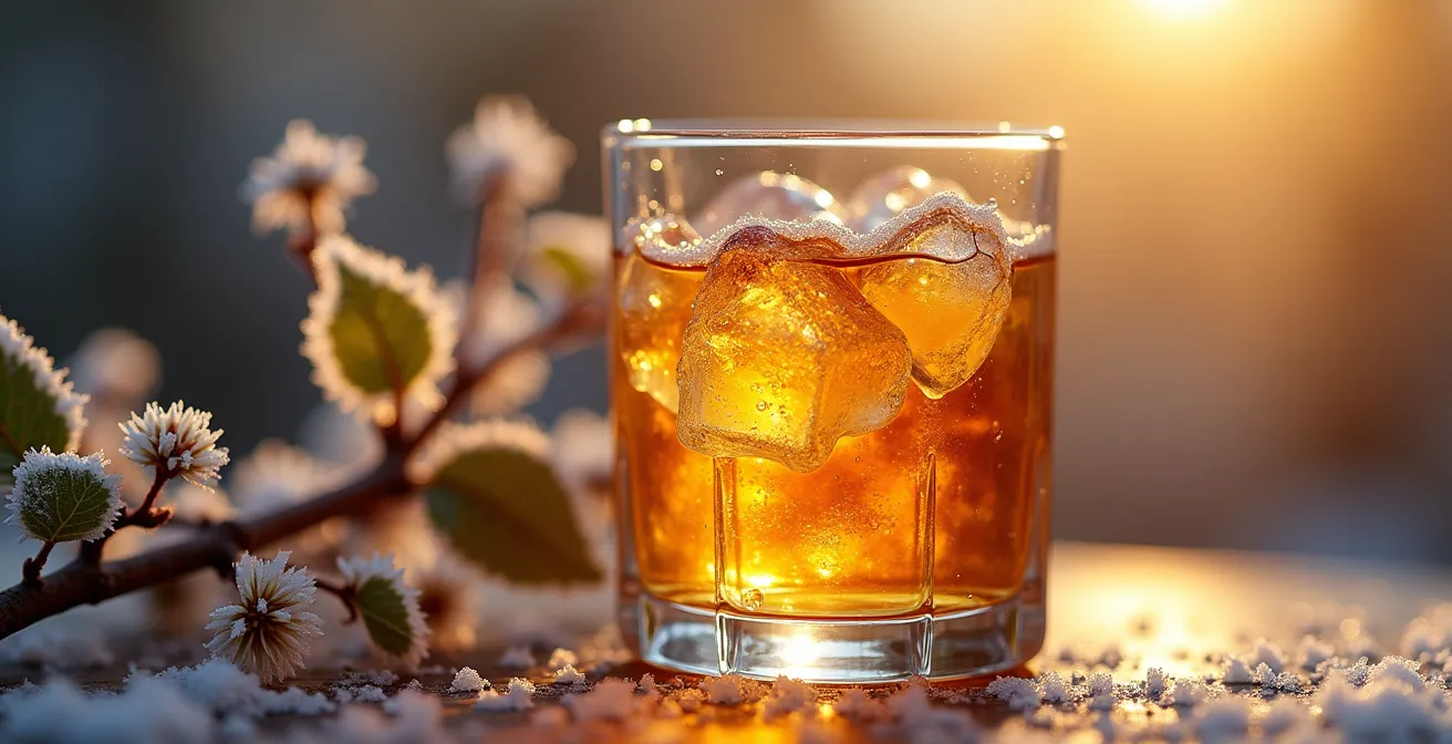 Verre de cidre de glace doré avec des pommes gelées sur branches en arrière-plan flou