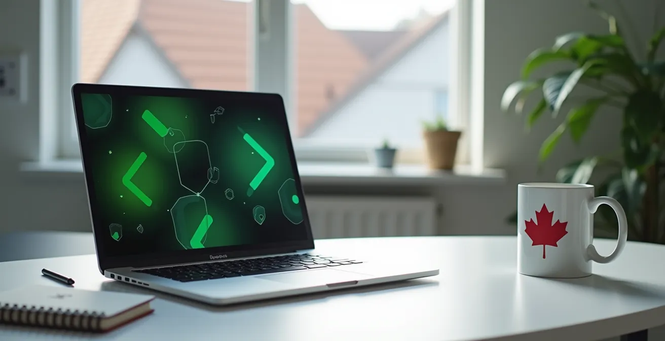 Bureau avec ordinateur montrant une interface sécurisée de gestion du crédit