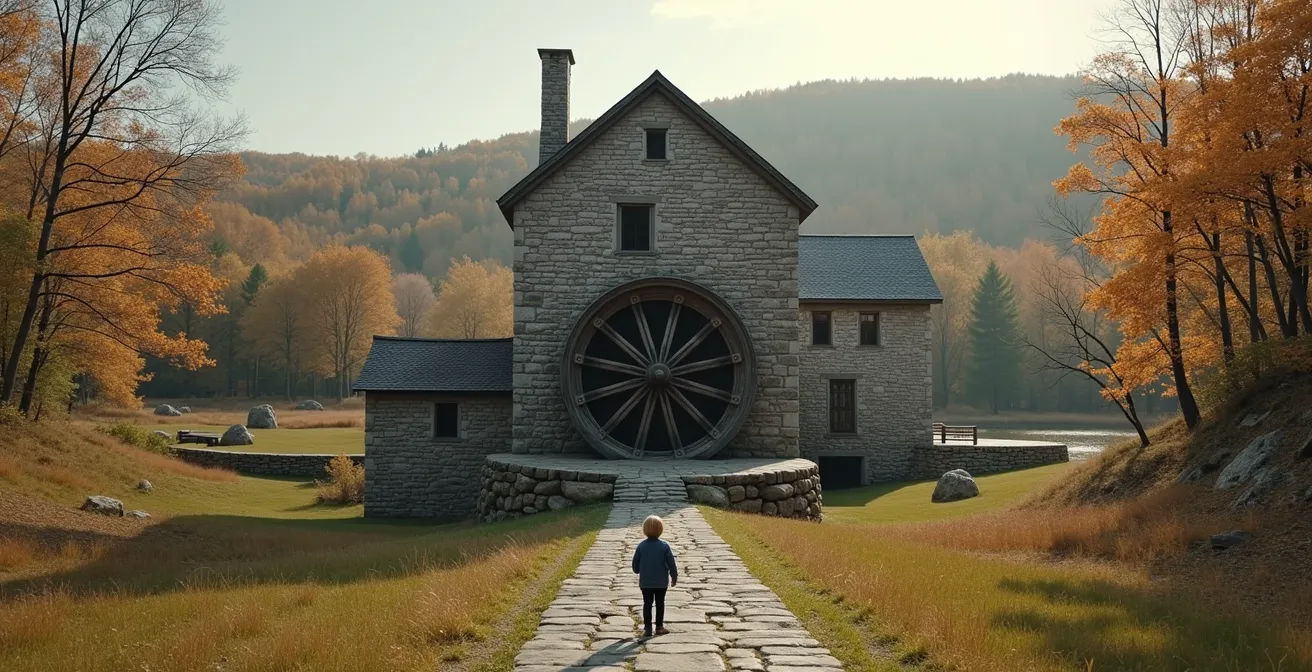 Enfant émerveillé devant un moulin à eau historique québécois