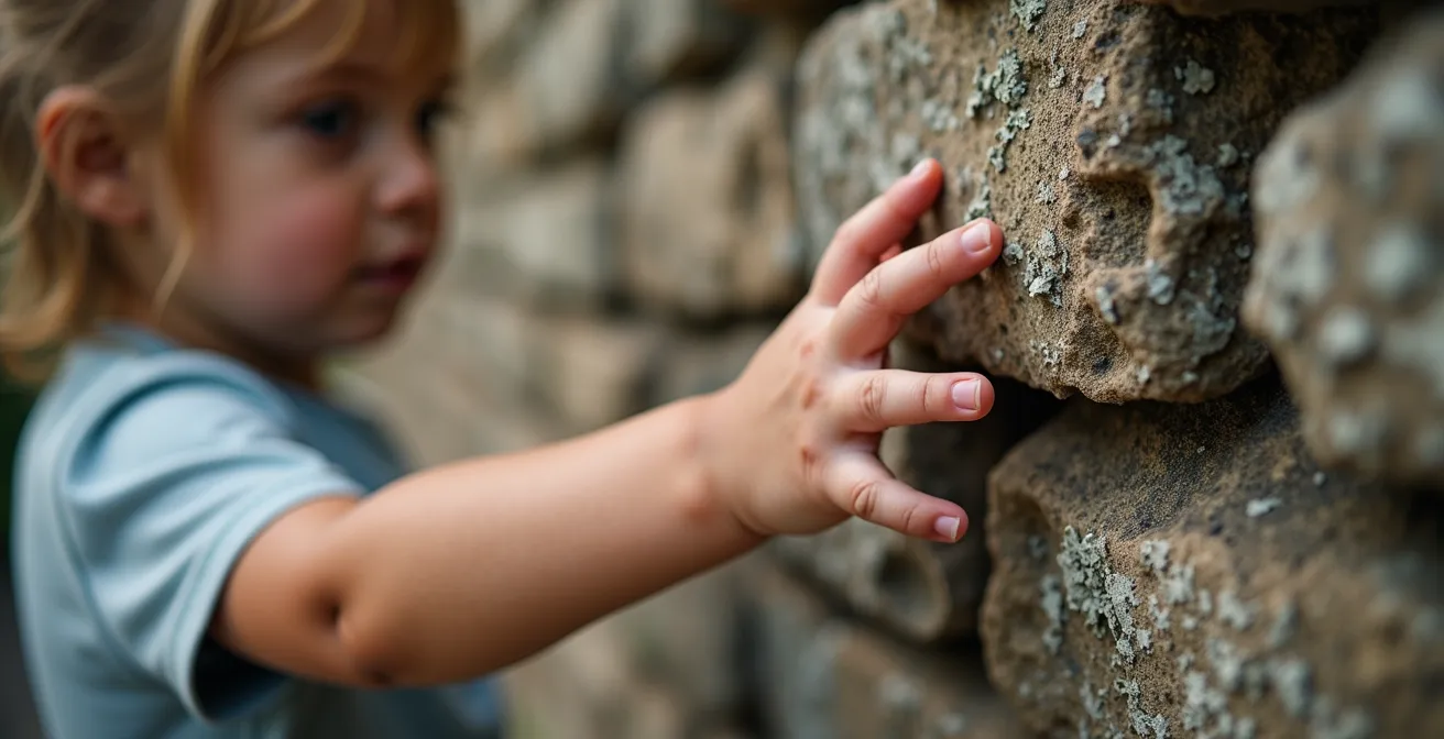 Main d'enfant explorant la texture d'une pierre centenaire des fortifications