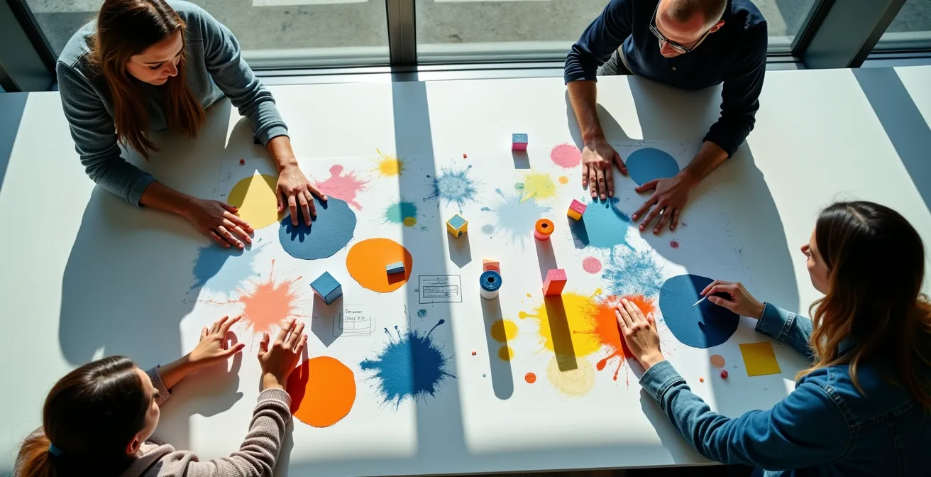 Équipe diversifiée en séance de brainstorming devant un tableau blanc à Montréal