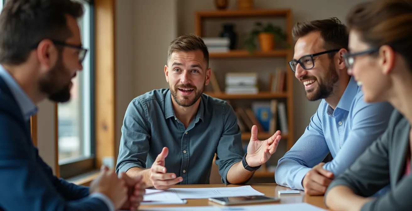 Équipe diverse en réunion collaborative dans un espace de travail moderne à Montréal