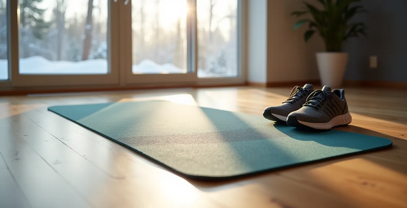 Environnement d'entraînement minimaliste montrant un tapis de yoga texturé dans un espace canadien typique