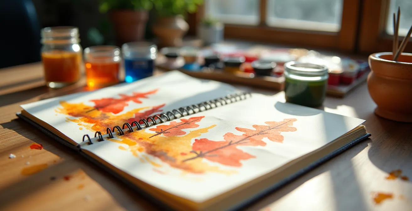 Vue large d'un carnet d'esquisse ouvert montrant des formes simples et colorées représentant un paysage canadien d'automne