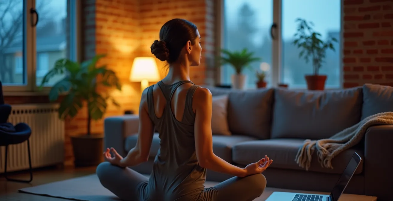 Personne pratiquant le yoga dans un salon canadien en soirée