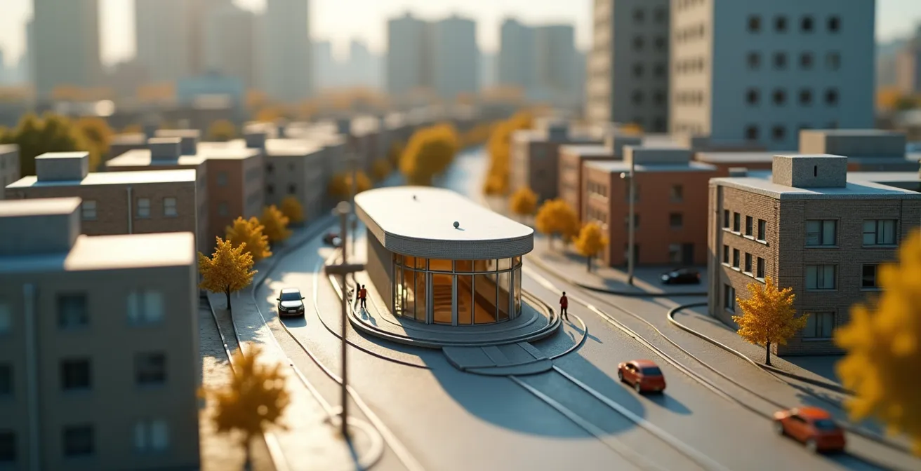 Vue aérienne d'une gare du REM entourée de nouveaux développements immobiliers et de circulation accrue