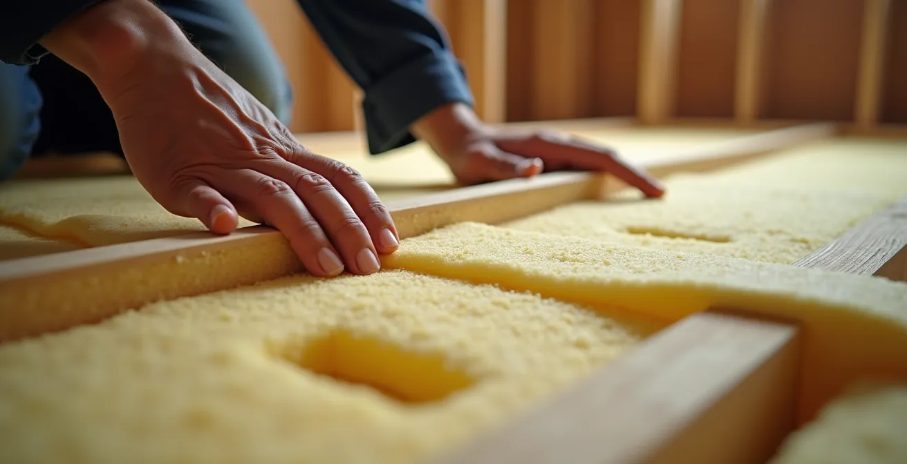Installation de panneaux insonorisants dans un sous-sol québécois avec matériaux visibles