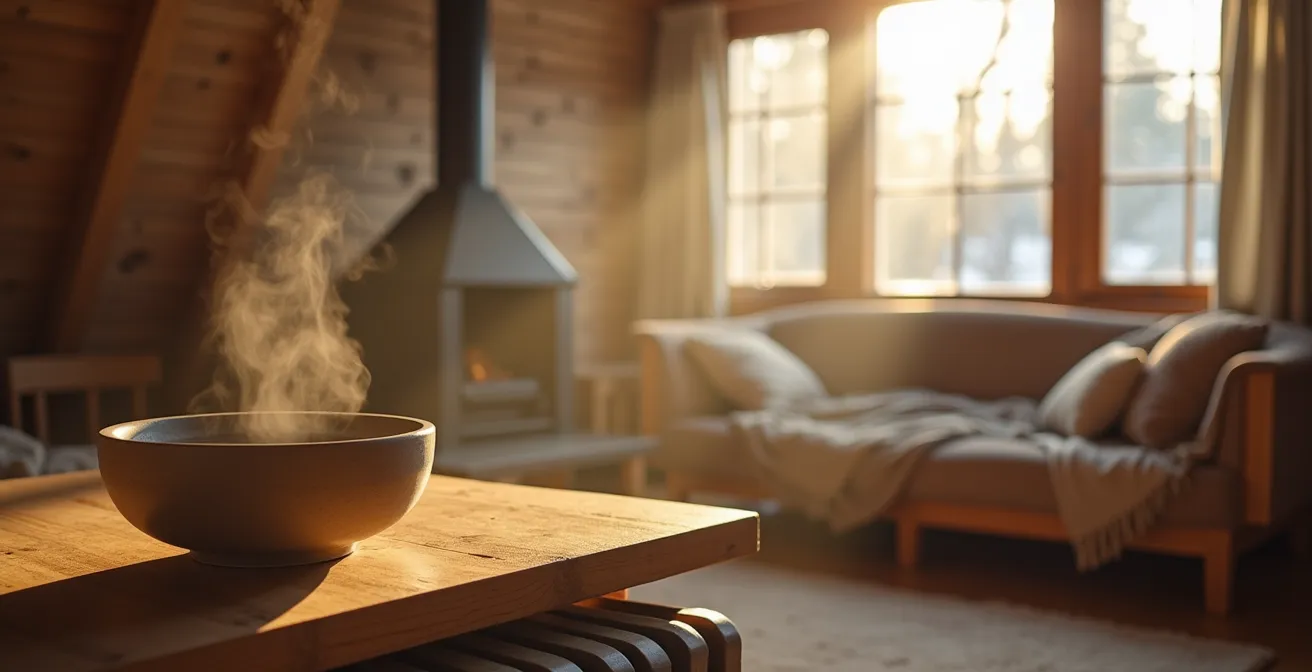 Intérieur de maison canadienne en hiver avec indicateurs d'humidité optimale