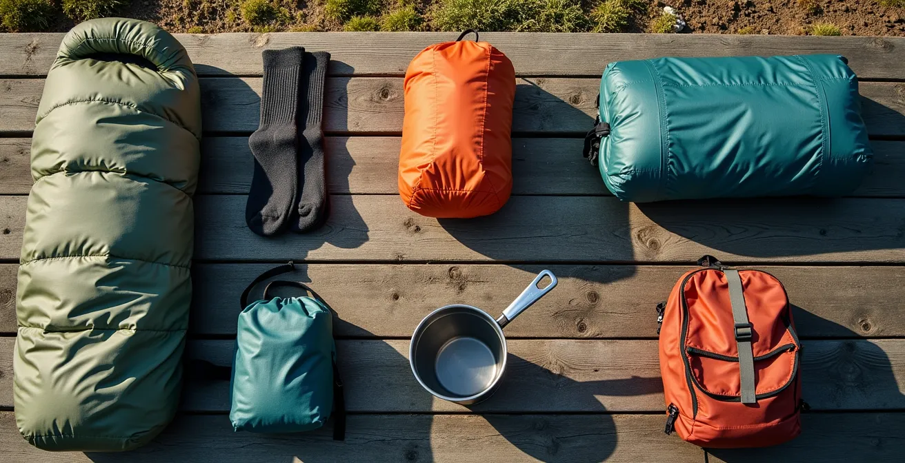 Vue aérienne d'équipement de camping organisé sur une table en bois