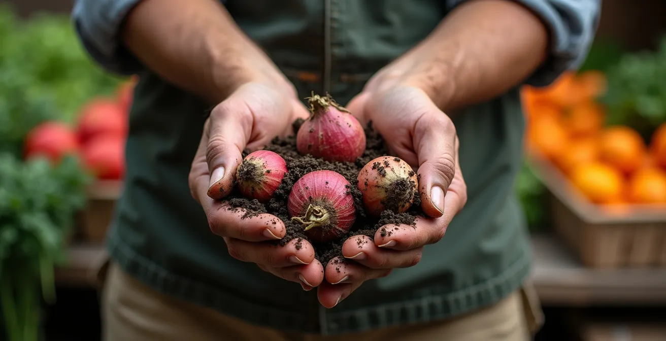 Mains d'agriculteur tenant des légumes racines avec de la terre fraîche dans un marché fermier