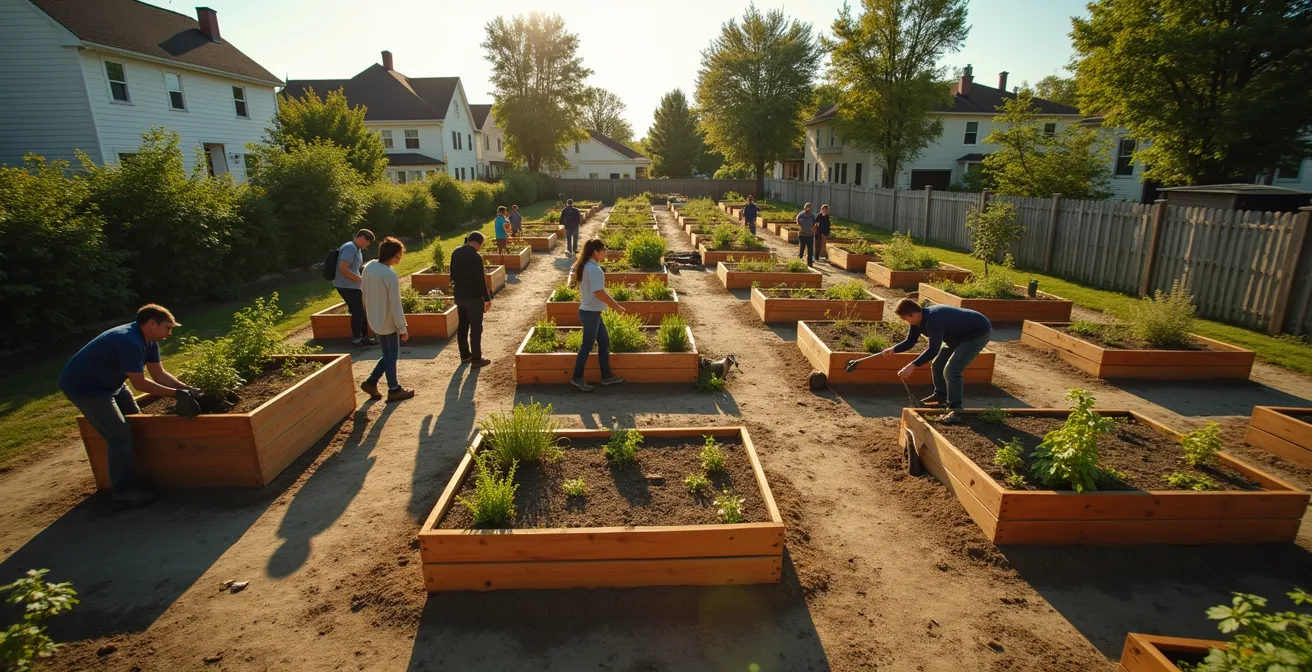 Groupe de bénévoles travaillant ensemble sur un projet de jardin communautaire au Québec