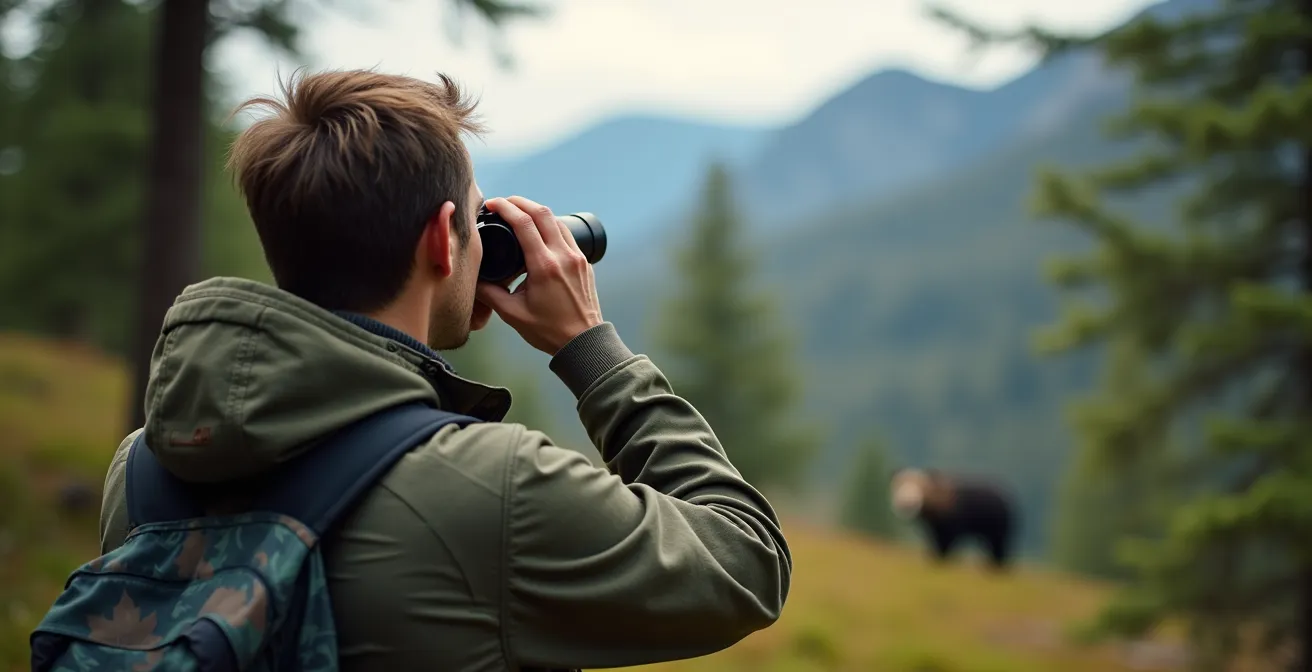 Observateur utilisant des jumelles professionnelles pour observer un ours noir à distance sécuritaire dans les Rocheuses