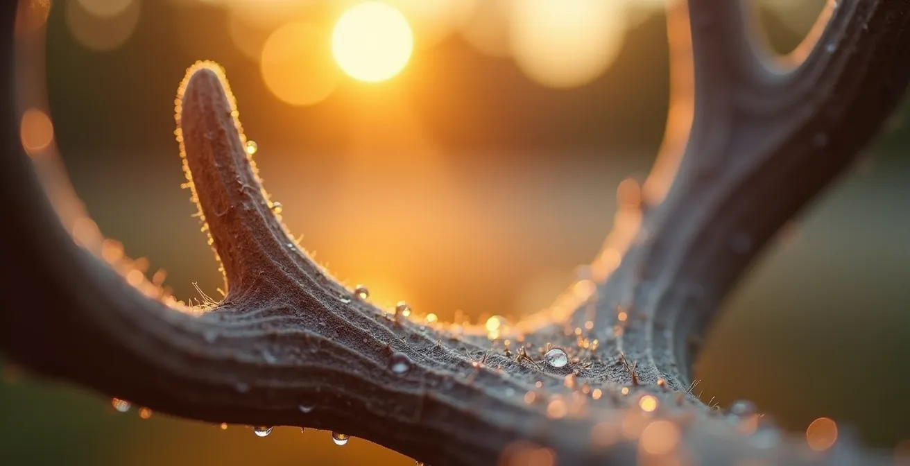 Orignal mâle traversant un lac dans la brume dorée de l'aube canadienne
