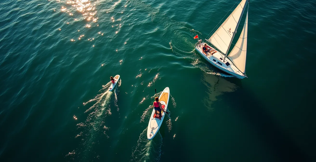 Vue aérienne d'un paddle board croisant un voilier sur un lac, montrant la distance de sécurité
