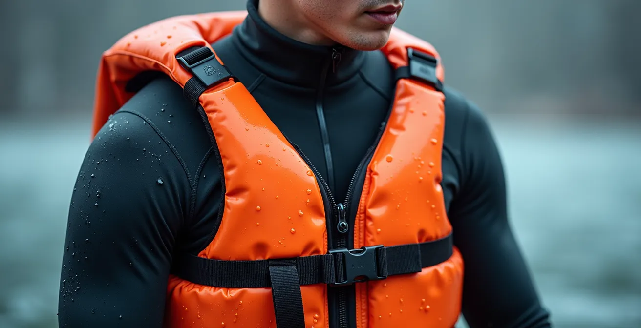 Gros plan sur le torse d'une personne portant un wetsuit et un VFI, avec de l'eau glacée en arrière-plan