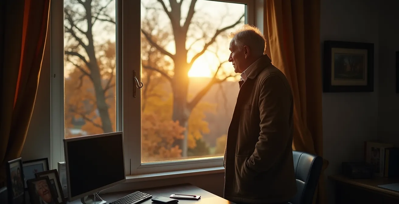 Parent en moment de réflexion regardant par la fenêtre avec photos de famille floues