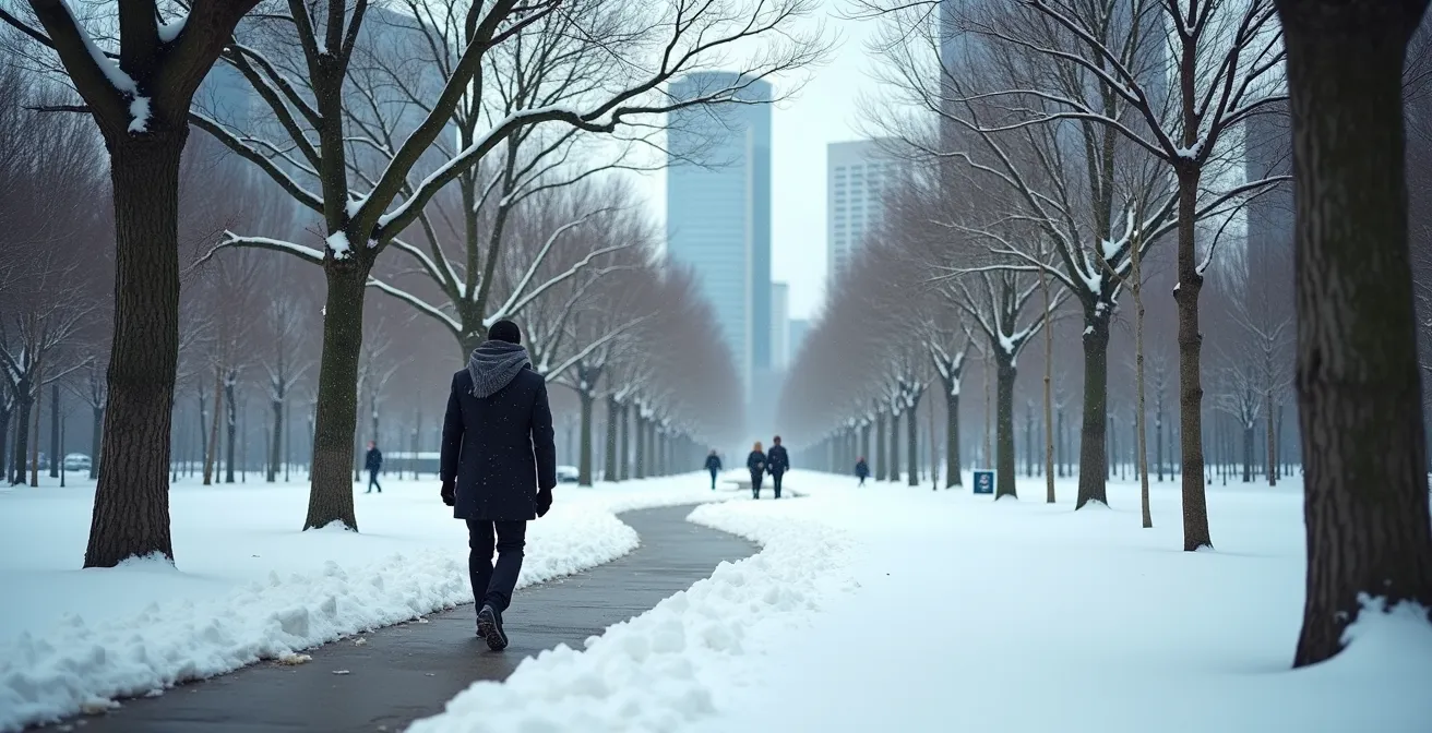Vue large d'un professionnel prenant une pause active en marchant dans un parc urbain enneigé près des bureaux