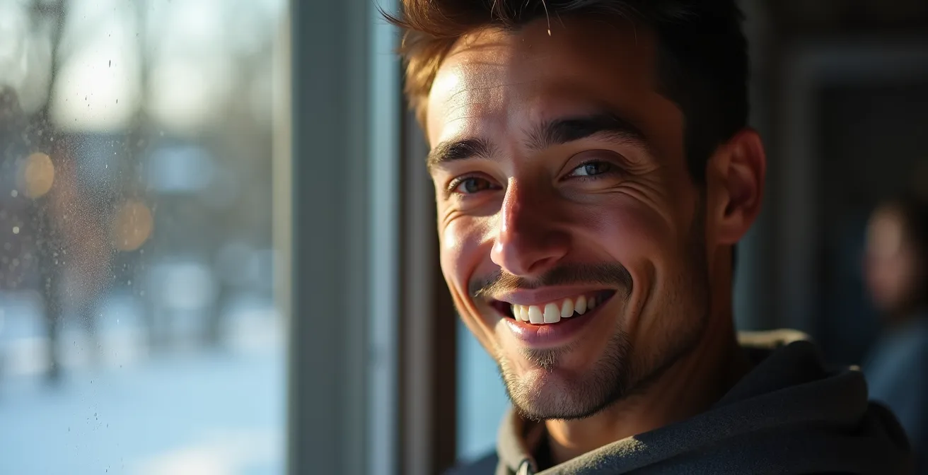 Portrait d'une personne après l'entraînement avec expression de satisfaction, avec un paysage hivernal québécois en arrière-plan.