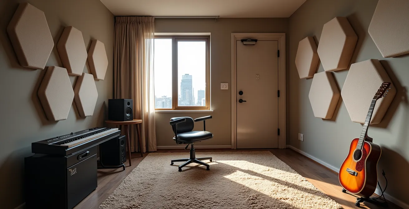 Pièce de musique avec panneaux acoustiques dans un condo montréalais