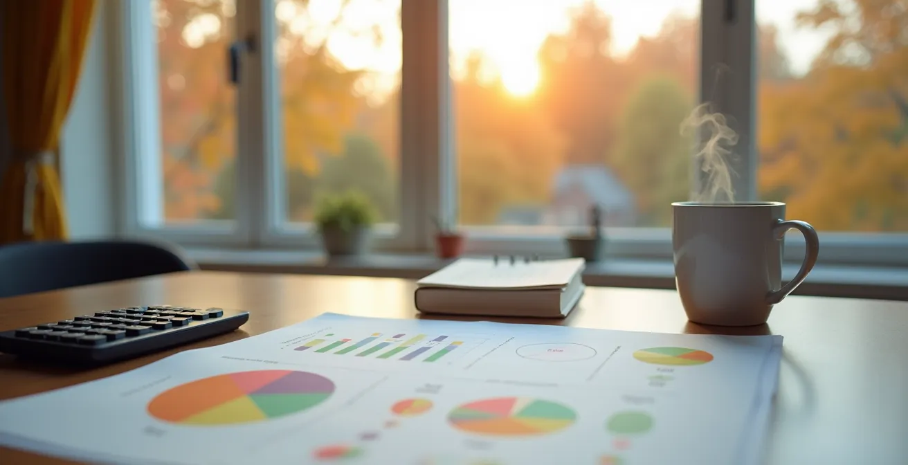 Environnement de planification financière avec calculatrice et documents dans un cadre québécois.