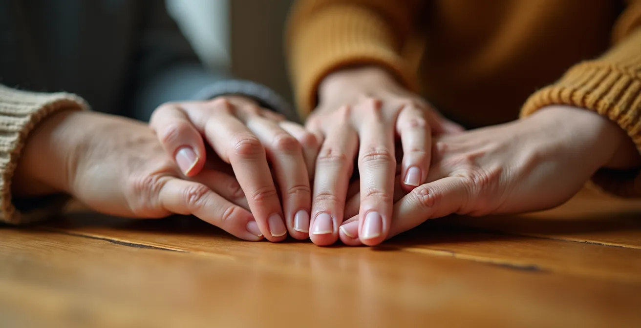 Gros plan sur des mains de plusieurs générations se touchant, symbolisant la transmission du patrimoine et l'importance de la planification successorale au Québec.