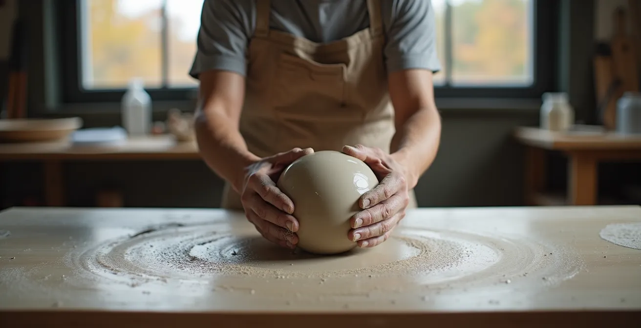 Mains utilisant une éponge abrasive humide sur une sculpture d'argile au stade cuir