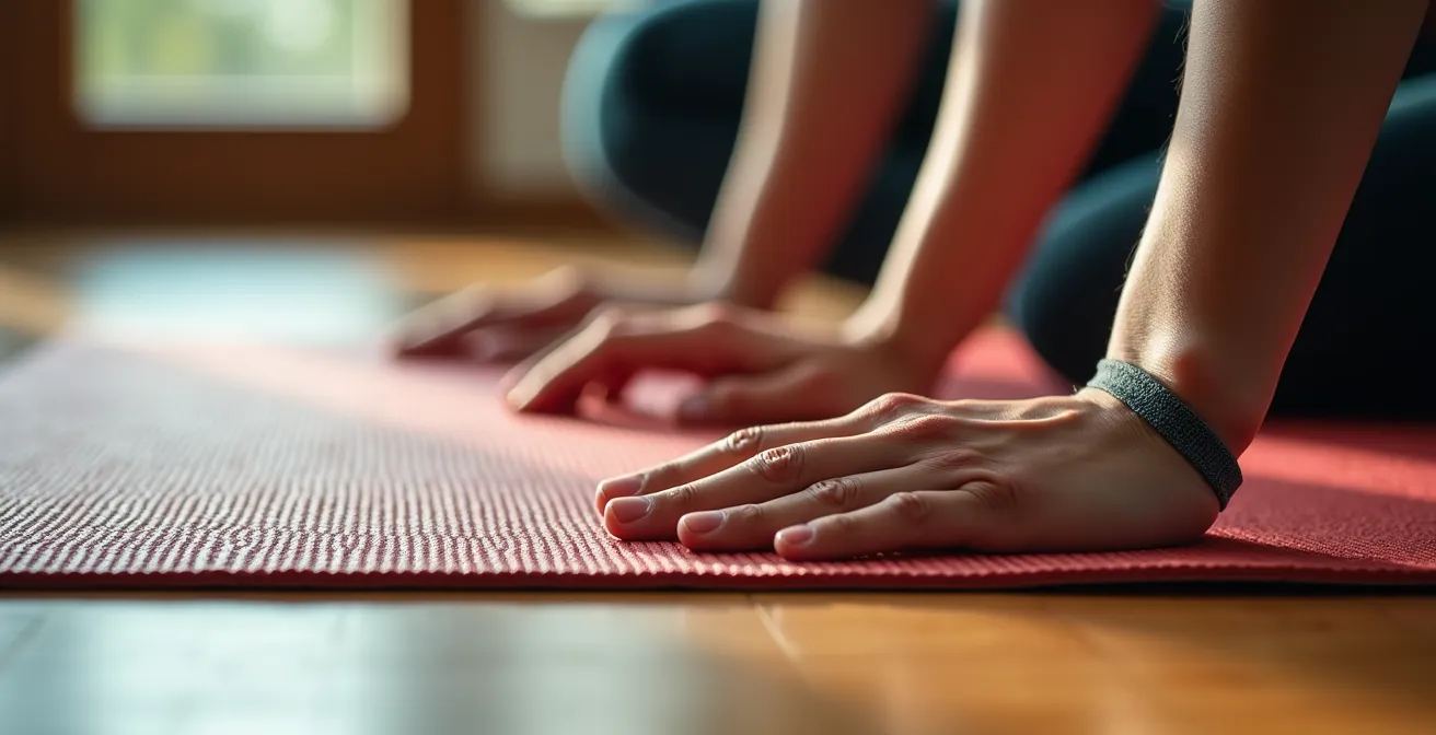 Vue macro des mains en position de pompe avec focus sur l'alignement des poignets