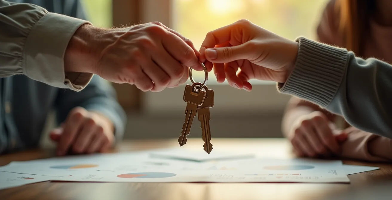 Mains tenant des clés de maison avec documents de prêt flous en arrière-plan