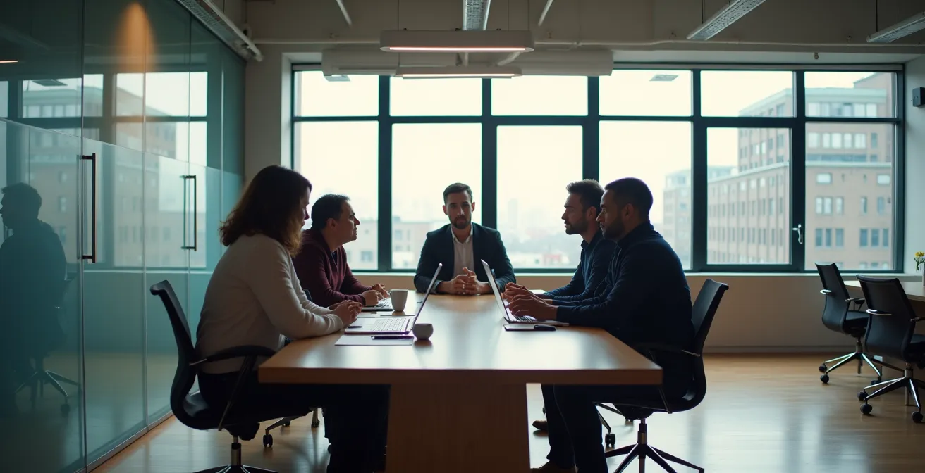 Équipe en réunion dans un espace de travail collaboratif québécois