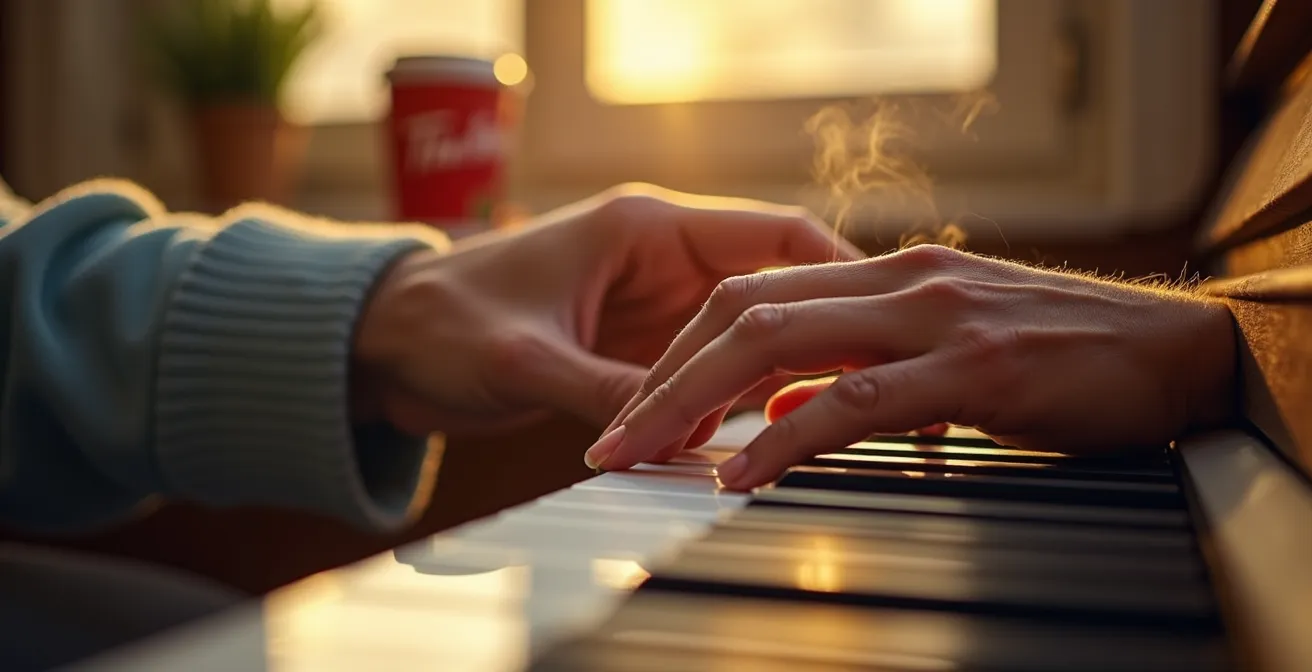 Moment de pratique musicale matinale avec café dans cuisine canadienne