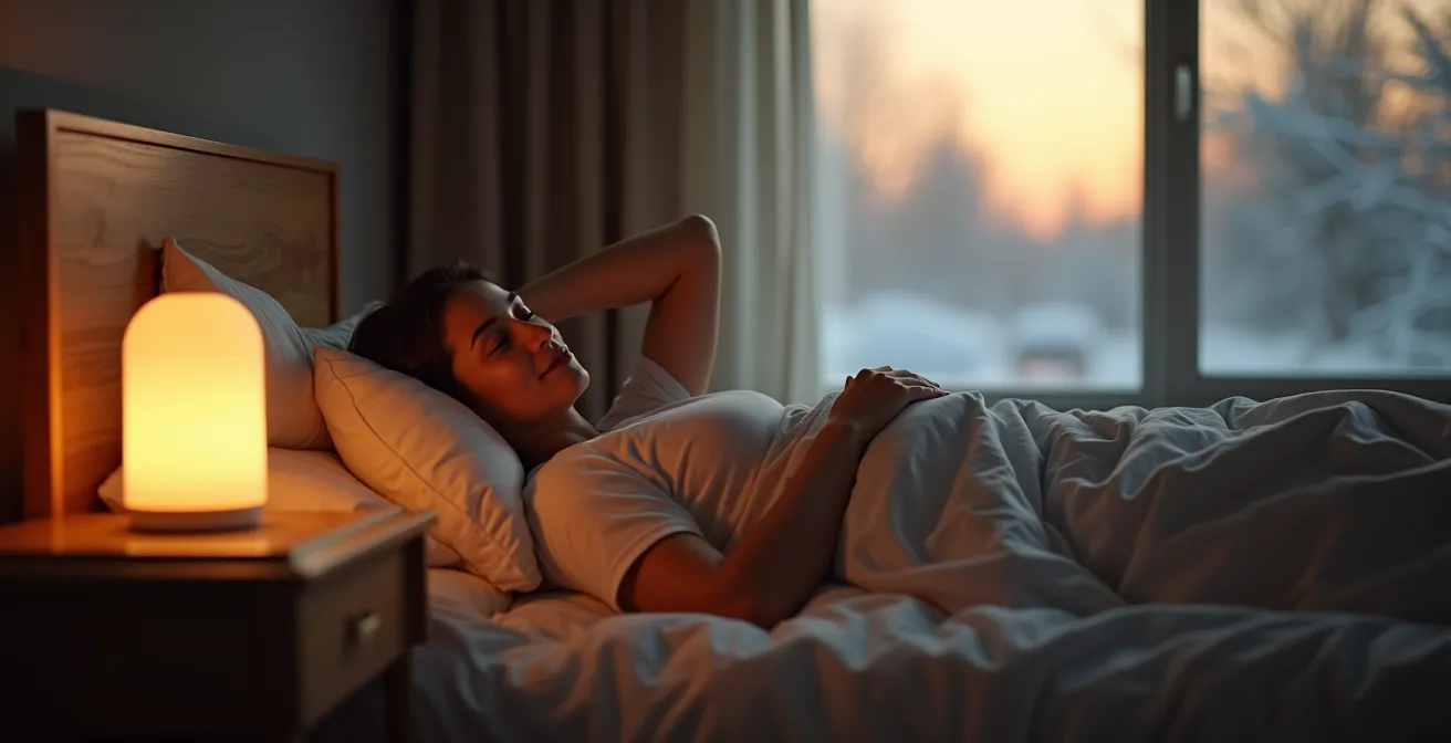 Simulateur d'aube illuminant progressivement une chambre canadienne au petit matin hivernal