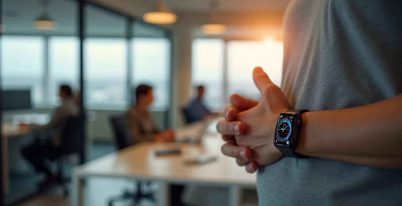 Gros plan sur les mains d'un professionnel pratiquant un exercice de respiration discrètement à son bureau