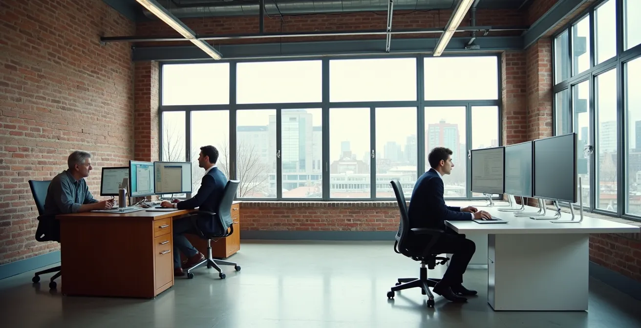 Bureau moderne avec deux générations d'entrepreneurs partageant l'espace de travail