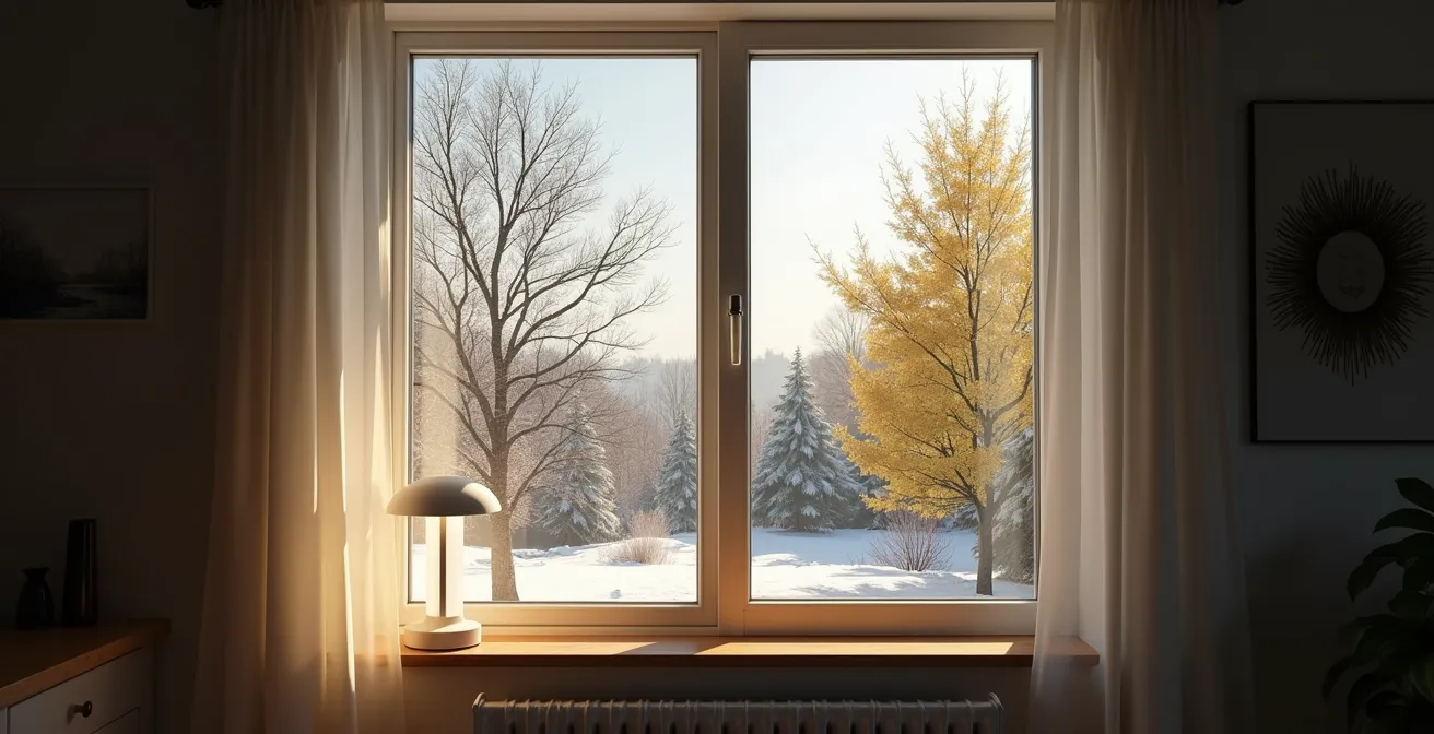 Vue d'une fenêtre canadienne montrant la transition hivernale vers le printemps avec lumière naturelle croissante