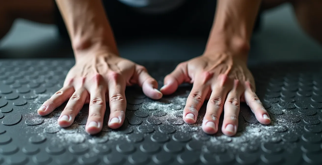 Vue macro sur les mains d'un athlète en position de mountain climber montrant l'engagement musculaire des avant-bras